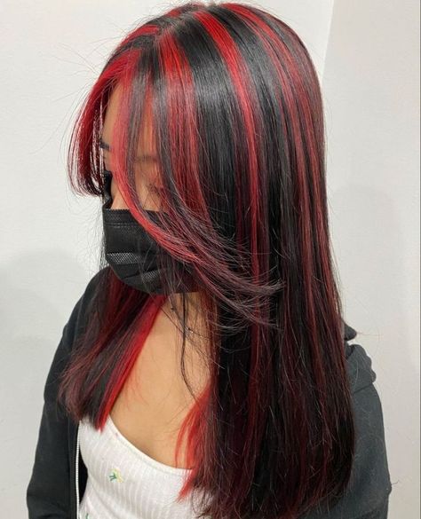 Cherry Red Chunky Highlights, Skunk Hair Red, Black Hair With Streaks, Red Streaks In Black Hair, Red Stripes Hair, Red Skunk Hair, Halo Hair Colors, Red Hair Streaks, Black Hair With Red Highlights