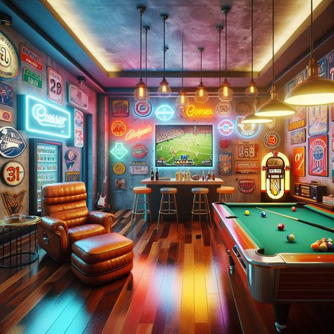 This vibrant man cave exudes excitement with its rustic pool table, energy-efficient bar fridge, vintage neon signs, comfy recliner, advanced gaming console & a classic jukebox.  The sleek wooden floor adds warmth and sophistication to the amusement-packed space. #mancave #homedecor #interiors #gameroom #homebar #entertainmentroom Rustic Pool Table, Fridge Vintage, French Garage, Teacher Workroom, Comfy Recliner, Rustic Pool, Bar Fridge, Arcade Room, Vintage Neon Signs