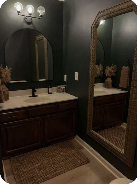 Modern Earth Tone Bathroom, Antique Green Bathroom, Dark Vintage Bathroom Ideas, Parisian Bathroom French Style Vintage, Bathroom Aesthetic No Window, Bathroom Decor Dark Green, Dark Toned Bathroom, Modern Vintage Small Bathroom, Moody Main Bathroom