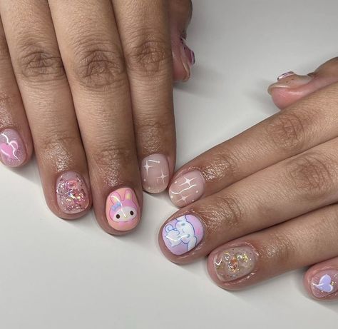 Sanrio Nail Designs Simple, Sanrio Nails Simple Short, Nails Acrylic Kids Short, Sanrio Nail Art Short, Cute Nails For Kids 9-10 Gel, Nails For 7 Yrs Old, Keroppi Nails Short, Hello Kitty Nails Natural, Kawaii Gel Nails Short