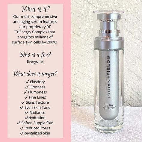 Total RF Serum!!🔥 ✔️ ENERGIZED CELLS ✔️ Smoother texture ✔️ Minimized pores ✔️ Brighter complexion #totalrfserum #carolsnyderRF #askcarol https://casnyder.myrandf.com?utm_medium=rfsocial&utm_source=pinterest Total Rf Serum, Rodan Fields Skin Care, Rodan And Fields Consultant, Skin Facts, Life Changing Skincare, Reduce Pores, Get Stronger, Anti Aging Serum, Rodan And Fields