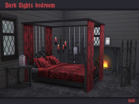 Dark Nights Bedroom set for your gothic sims. Includes 11 objects:  Found in TSR Category 'Sims 4 Adult Bedroom Sets' Goth Room Ideas, Sims 4 Cc Goth, Sims 4 Beds, Gothic Bed, Cc Packs, Gothic Room, Gothic Bedroom, Sims 4 Bedroom, Dark Nights