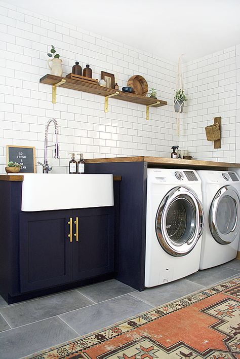 A dated space gets a dramatic update. Check out this Modern Navy Laundry and Mud Room Reveal! Modern Farmhouse Laundry Room, Laundry Room Tile, Laundry Room Storage Shelves, Small Laundry Room Organization, Room Storage Diy, Basement Laundry Room, Basement Laundry, Homes Ideas, Modern Laundry Rooms