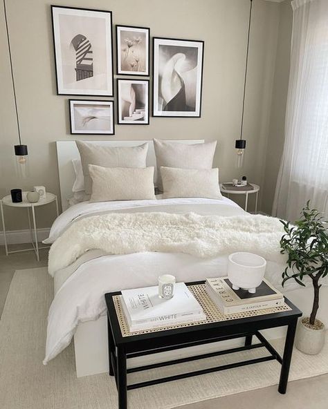 Is It The Weekend Yet, Elegant Wall Decor, White Bedroom Decor, Beige Bedroom, Guest Bedroom Decor, Apartment Living Room Design, Future Apartment Decor, Bedroom Deco, Dekorasi Kamar Tidur