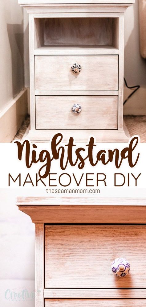 Repurposing old furniture, like this whitewashed nightstand, is a great way to infuse new life to your home without needing to break the bank! If you're sick of your old and boring nightstand, improve the look of your bedside table with this nightstand makeover, for less than $10 and in almost no time! Whitewashed Nightstand, Nightstand Makeover Ideas, Nightstand Makeover Diy, Makeover Nightstand, Diy Nightstand Makeover, Nightstand Diy, Painted Nightstand, Distressing Painted Wood, Desk Redo