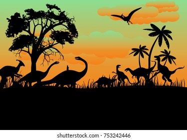 Prehistoric vector landscape with dinosaurs silhouettes Jurassic Garden, Outdoor Mural, Landscape Silhouette, Vector Landscape, Dinosaur Silhouette, Land Before Time, Mural Ideas, Fence Paint, Silhouette Images