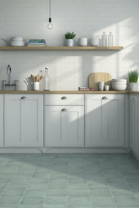 Kitchen featuring a White Subway Backsplash Tiles and Aqua Porcelain Floor Tile. Brick Look Tile, White Backsplash, Green Flooring, Flooring Store, Porcelain Floor, Kitchen Wall Tiles, Kitchen Floor Tile, Tile Stores, Kitchen Tile