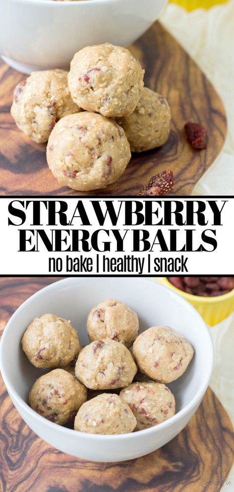 These Strawberry Energy Balls are a delicious no bake snack that is perfect for an on-the-go lifestyle. Strawberries, oats, almond flour, peanut butter and honey are combined for a tasty, nutritious snack! Easy Kid Friendly Snacks, Energy Balls Recipe, Peanut Butter And Honey, Strawberry Granola, Blueberry Scones Recipe, Strawberry Oatmeal, Peanut Butter Oats, Baby Recipes, Energy Ball Recipe