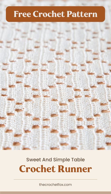 Simple stitches and a soothing repetition create a classic lacy centerpiece for a special wedding table. This stunning table runner will fit so many styles of décor.| More free crochet patterns at thecrochetfox.com Lacy Crochet Table Runner Free Pattern, Crochet Table Runner Pattern Modern, Free Crochet Table Runner Patterns Easy, Filet Crochet Table Runner Patterns Free, Crochet Table Cloths Free Patterns, Crochet Table Runners Free Patterns, Crochet Table Runner Pattern Diagram, Square Doily Patterns Free, Crocheted Table Runners Free Patterns