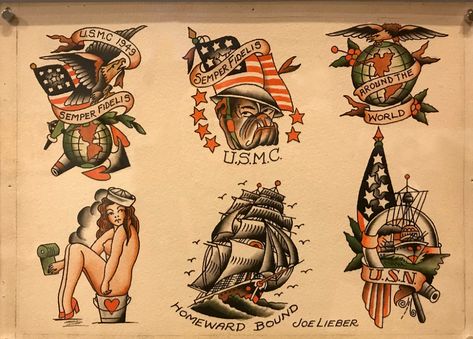 "Brooklyn Joe" Lieber | Ink and watercolor, 1930-50. CJM | Flickr Sailor Jerry Flash, Sailor Jerry Tattoo Flash, Famous Tattoo Artists, Becoming A Tattoo Artist, Sailor Jerry Tattoos, Retro Tattoos, Tattoo Flash Sheet, Vintage Flash, Traditional Tattoo Art