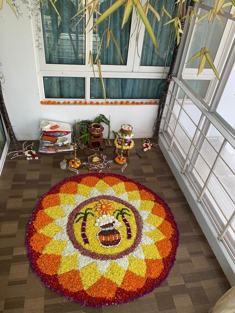 Pongal pookolam Pongal Decoration Ideas, Incredible India Posters, Pongal Kolam, India Poster, Flower Rangoli, Decorative Pots, Incredible India, Rangoli Designs, Flower Designs