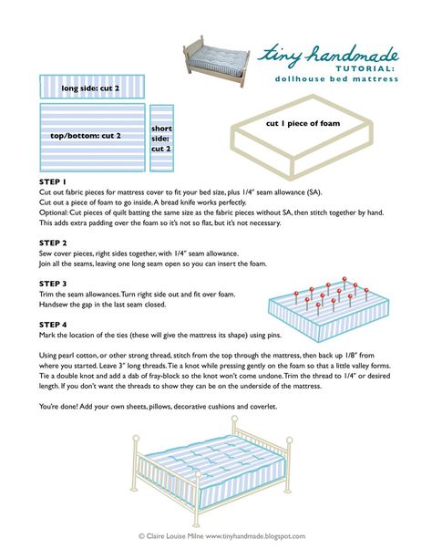 dollhouse mattress tutorial by tiny handmade - blog full of dollhouse ideas Handmade Dollhouse, Dollhouse Tutorials, Dollhouse Bed, Dollhouse Miniature Tutorials, Miniature Tutorials, Dollhouse Projects, Dollhouse Miniatures Diy, Miniature Projects, Doll Beds