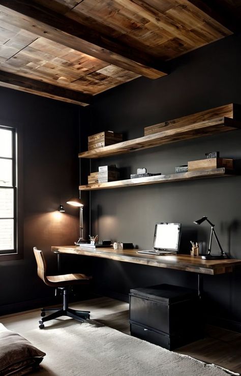 Create a sleek and minimalist look with a space-saving loft bed and a floating desk. Add a touch of masculinity with dark wood accents and complete the look with industrial-style lighting fixtures. Man Home Office, Floating Desk Ideas, Masculine Home Offices, Mens Home Office Ideas, Mens Home Office, Home Decorating Ideas Living Room, Dark Wood Desk, Industrial Home Offices, Home Studio Ideas