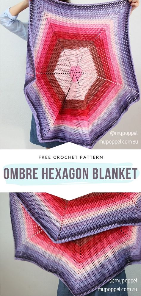 Ombre Hexagon Blanket Free Crochet Pattern  If you have ombre yarn and a crochet hook, you are ready to make this blanket! This lovely beginner-level design requires absolutely basic skills in crocheting.  #crochetblanket #crochetstarblanket #crochethexagon #easycrochet #freecrochetpattern Crochet Hexagon Blanket, Hexagon Blanket, Crochet Hat Patterns, Free Baby Blanket Patterns, Ideas For Crochet, Ombre Yarn, Vintage Crochet Patterns, Crochet Blanket Designs, Crochet Triangle