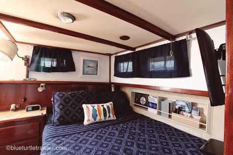 Aft cabin makeover - Blue Turtle Cruising Cabin Makeover, Navy Curtains, Curtain Rods And Hardware, Cabin Bedroom, Blue Turtle, Boat Decor, Boat Projects, Boat Interior, Old Wallpaper