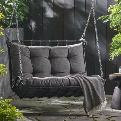 Enjoy the serenity of the great outdoors with soothing rocking motions. With a durable powder-coated iron frame and a beautiful wicker-wrapped design, our hanging porch swing offers any garden or deck a calm space for you and your family to unwind. Completed with plush water-resistant cushions, this swing not only enlivens your soul but also your outdoor space with a boho-inspired aesthetic. Whether you are enjoying the summer sun or cuddling up with a loved one, this porch swing has you covered Front Porch Swings Ideas, Hanging Outdoor Chair, Meditation Porch, Small Porch Seating, Juliet Balcony Decor, Hanging Hammock Chair Outdoor, Screen Porch Decor, Outdoor Swings For Adults, Back Porch Decorating