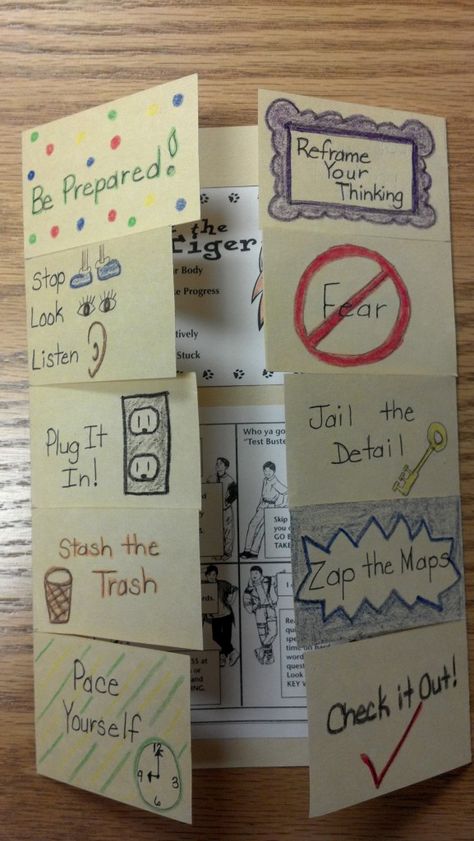 The former teacher in me can’t help but love the idea of using foldables in the classroom.  After I discovered them, I just had to find a way to incorporate a few into my school counseling program.  This is my first attempt, and I was excited to see it all come together. I’ll be sharing another one soon, so come back! I’d love to hear from you regarding test Test Taking Strategies, Guidance Lessons, School Testing, Counseling Office, Counseling Resources, School Psychology, Test Taking Skills, Creative Classroom, Classroom Fun