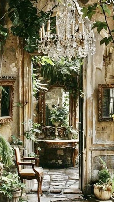 Interior Courtyard Design, Dark Conservatory, Interior Courtyard, Luxe Aesthetic, Bohemian Luxe, Tuscan Style Homes, Beautiful Home Gardens, Courtyard Design, French Country Living Room