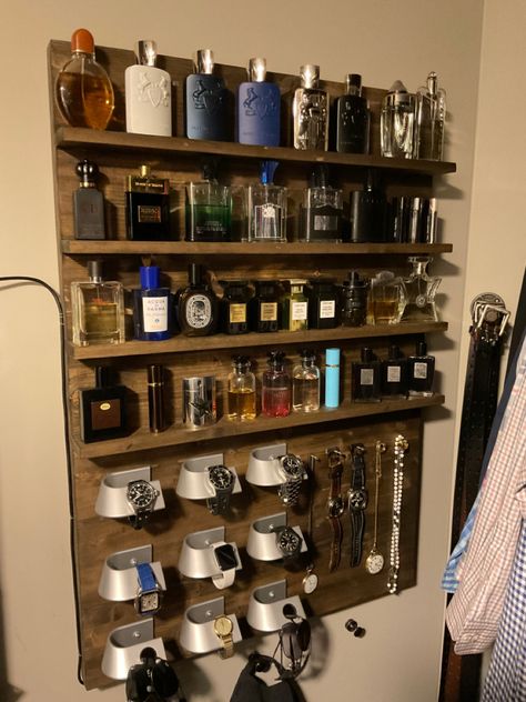 Men’s Vanity, Mens Vanity Organization, Cologne Organizer For Men Bedroom, Mens Cologne Display, Cologne Display Ideas, Cologne Storage Ideas, Fragrance Collection Display, Watch Display Ideas, Diy Perfume Display