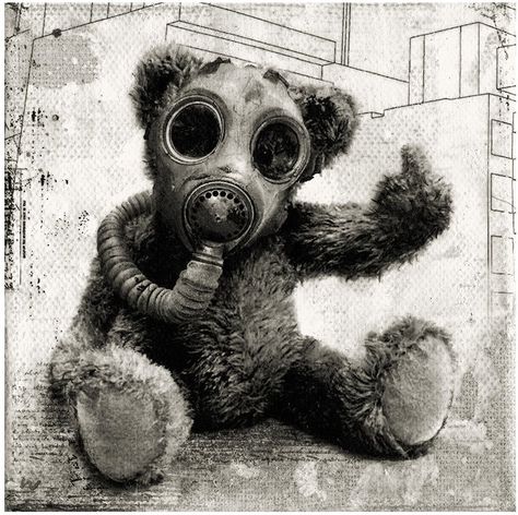 a message from teddy by  Willy Bihoreau Apocalypse Tattoo, Gas Mask Tattoo, Rabe Tattoo, Gas Mask Art, Bear Mask, Trash Polka Tattoo, Mask Tattoo, Bear Tattoo, Dark Art Drawings