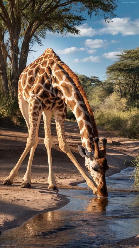 Giraffe Photography Wildlife, Animals Drinking Water, Funny Giraffe Pictures, Giraffe Drinking Water, Wildlife Aesthetic, Giraffe Sitting, Giraffe Eating, Giraffe Photography, Africa Day