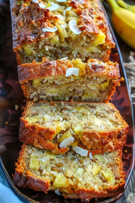 Coconut Pineapple Banana Bread - A Taste of Hawaii - That Oven Feelin Hawaii Meals, Banana Pineapple Bread, Pineapple Banana Bread, Pineapple Banana Bread Recipe, Hawaiian Banana Bread, Food Morning, Hawaiian Foods, Pineapple Bread, Pineapple And Coconut