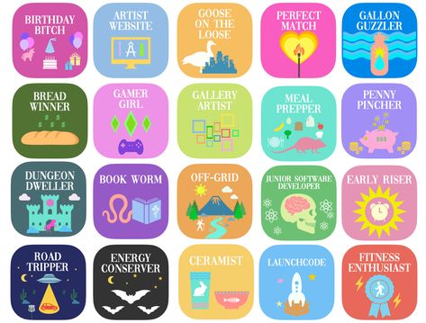 "Decorative badges featuring colorful and whimsical designs, including phrases like "Dungeon Dweller" and "Meal Prepper". These badges can be printed and added to a planner or bulletin board for motivation and inspiration." Goal Getter, Quirky Style, Girl Artist, New Goals, Goal Setting, Bulletin Board, Digital Printables, Some Fun, Book Worms