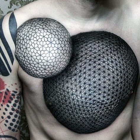 Circle Geometric Mens Abstract Tattoos On Chest Sphere Tattoo, Dots To Lines, Geometric Chest, Intricate Tattoo, Chest Tattoo Men, Calf Tattoo, Tattoo Life, Abstract Tattoo, Great Tattoos