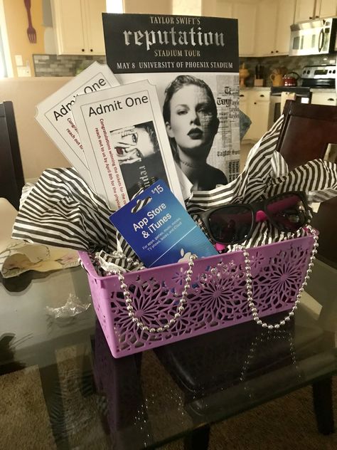 Concert ticket basket Concert Ticket Gift Wrapping Ideas, Concert Gift Basket, Concert Gift Ideas, Concert Ticket Gift, Concert Gift, Raffle Basket, Concert Ticket, Stadium Tour, Concert Tickets