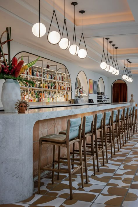 Studio Collective completes The Hotel at The Moore in Miami Coastal Hotel Lobby Interior Design, Modern Motel Designs, Hotel Pool Bar Design, Miami Restaurant Aesthetic, Miami Hotel Aesthetic, One Hotel Miami, Boutique Hotel Reception, Mediterranean Bar, Pool Bar Design