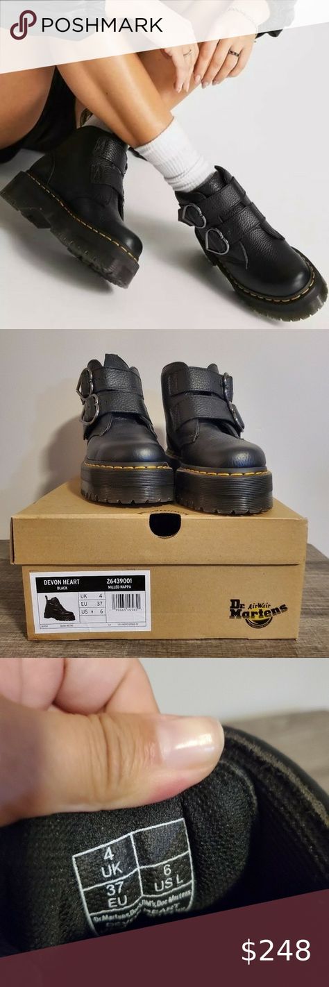 Doc Martens Devon Heart Black Leather Lug Sole Boots Size 6 Doc Martens Devon, Yellow Heels, Lug Sole Boots, Dr Martens Shoes, Martens Shoes, Goodyear Welt, Black And Yellow, Doc Martens, Lug Sole