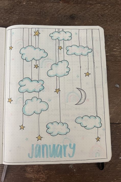 Cloud Journal Ideas, January Journal Cover, Cloud Bullet Journal, January Bujo Cover, Assignment Cover Page Ideas Aesthetic, Bullet Journal January Cover, January Bullet Journal Ideas, January Bullet Journal Cover, Bullet Journal Hand Lettering