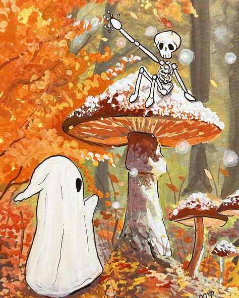 Mushroom Forest 🍄‍🟫 ✨ Finally a magical autumnal Sad Soulmates painting! If you’re looking for some art to hang on your walls this Halloween our Sad Soulmates collection features a ghost and skeleton enjoying their afterlife together 🍁 Gouache painting on paper Prints and original are available! Link in bio . . . . . . . #art #artist #artwork #artistsoninstagram #artoftheday #artcollector #artcollector #studioghibli #halloween #cuteart #spookyart #gouache #gouachepainting #gouachep... Soulmates Painting, Mushroom Forest, Halloween Artwork, Halloween Illustration, Concept Art Drawing, Autumn Painting, A Ghost, Fantasy Illustration, Profile Pics