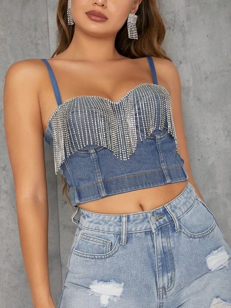 Rhinestone Fringe Top, Denim Rhinestone, Rhinestone Jeans, Crop Top With Jeans, Rhinestone Fringe, Top Shein, Fringe Top, Women Tank Tops, Cami Crop Top