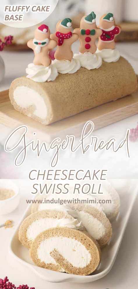 Japanese Swiss Roll Recipe, Christmas Bakes, Gingerbread Cheesecake, Swiss Rolls, Cheesecake Lovers, Cake Base, Log Cake, Festive Desserts, Gingerbread Cake