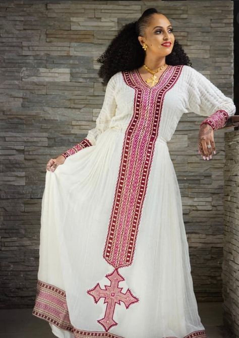 Pink Habesha Kemis, Modern Habesha Dress, Habesha Clothes, Ethiopian Dresses, Eritrean Clothing, Amhara Culture, Eritrean Dress, Beautiful Ethiopian, Ethiopian Clothing