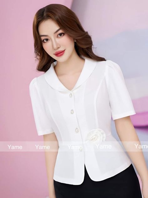 Elegant Office Wear Blouse With Placket, Elegant Blouse With Fold Down Collar For Office, Semi-formal Office Lady Blouse With Buttons, Chic Semi-formal Blouse With Lapel Collar, Collared Blouse For Office, Office Lady Style, Korean Fashion Blouse, Casual Work Outfit Spring, Vintage Floral Blouse, Girly Style Outfits