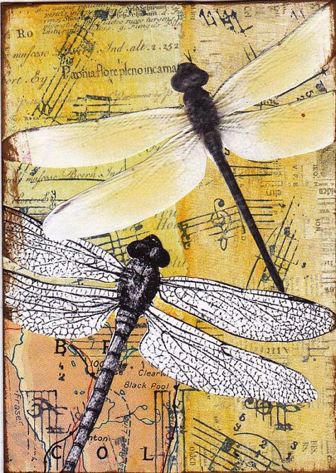 Art Du Collage, Book Page Art, Dragonfly Prints, Paper Collage Art, Dragonfly Art, Insect Art, Images Vintage, Mixed Media Art Journaling, Mixed Media Canvas