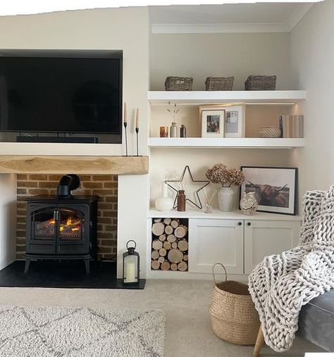 To Above Fireplace, Standalone Fireplace Living Rooms, Next Malvern Cream, Cosy Lounge With Fireplace, Lounge Ideas With Fireplace, Storage Near Fireplace, Snug Lounge Ideas, Lounge Decor Inspiration, Living Room Alcoves