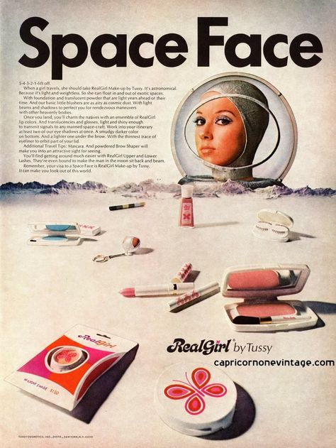 Space face. 60s Space Age, Photowall Ideas, Vintage Makeup Ads, Makeup Ads, Roller Disco, Retro Makeup, Retro Beauty, Beauty Ad, Vintage Cosmetics