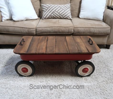 Little Red Wagon Coffee Table - Scavenger Chic Old Red Wagon Ideas, Wagon Repurpose, Outdoor Coffee Table Ideas, Wagon Makeover, Red Flyer Wagon, Wagon Ideas, Creative Upcycling, Bar Door, Coffee Table Inspiration