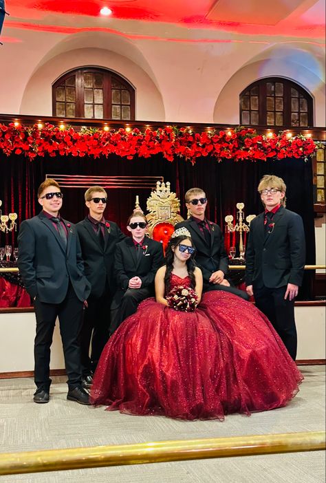 #reddress #chambelan #quinceañera Red Quinceanera Dresses With Chambelanes, Red Suit Quince, Baile Sorpresa Outfits Quinceanera Red, Dark Red Dress Quinceanera, Quince Suprise Outfit Red, Masquerade Quinceanera Theme Red, Red Quinceanera Chambelanes, Red Venue Quince, Quince Themes Red