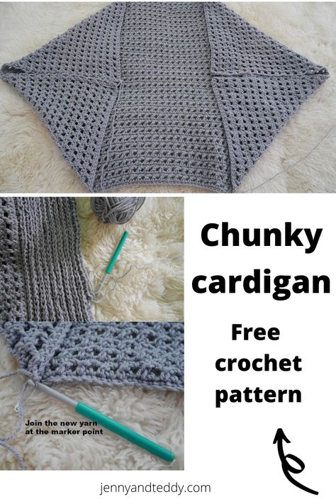 Easy crochet chunky cocoon cardigan made from a rectangle with easy crochet stitch get free crochet tutorial on jennyandteddy crochet blog. #freecrochetpattern #crochetcardigan Crochet Clothes Cardigans, Crochet Bulky Cardigan, Super Chunky Crochet Cardigan Pattern Free, Crochet Cocoon Cardigan Pattern Free, Crochet Cocoon Cardigan, Crochet Baggy Cardigan Pattern Free, Easy Crochet Cardigan Pattern Free, Crochet Cardigan Super Bulky Yarn, Casual Oversized Crochet Cardigan