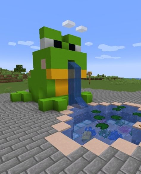 Minecraft Frog Statue Minecraft, Minecraft Frog Fountain, Minecraft Kawaii House, Frog Enclosure Minecraft, Minecraft Heart Build, Sanrio Minecraft Builds, Sanrio Minecraft, Minecraft Frog, Minecraft Park