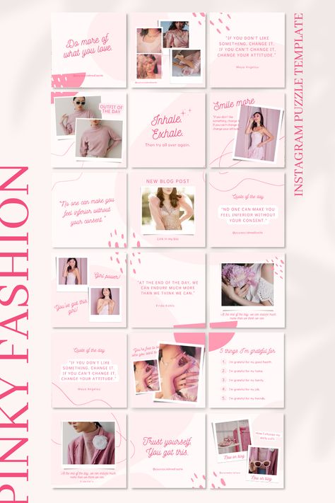 Instagram Puzzle Template for Canva, Pink Instagram Template, Canva Templates, Pink Instagram Feed, Fashion Bloggers Instagram, Influencer Level up your social media presence! Create consistent, feminine, and artistic Instagram posts with the Pinky Fashion Instagram Puzzle template. With this template, you can easily prepare 18 beautiful Instagram posts and achieve that girly Instagram look! Perfectly made for fashion bloggers, entrepreneurs, small business owners, influencers, and coaches. Instagram Feed Fashion, Pink Instagram Feed, Pink Instagram Template, Grid Ideas, Instagram Puzzle Template, Puzzle Template, Instagram Puzzle, Instagram Template Design, Instagram Grid