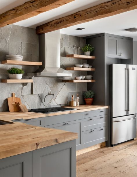 Kitchen Dark Grey And Wood, Grey And Neutral Kitchen, Grey Cabinets With Wood Countertops, Gray Cabinets With Butcher Block Counter, Grey And Brown Kitchen, Kitchen With Grey Countertops, Kitchen Grey Wood, Dark Grey And Wood Kitchen, Grey And Wood Kitchen