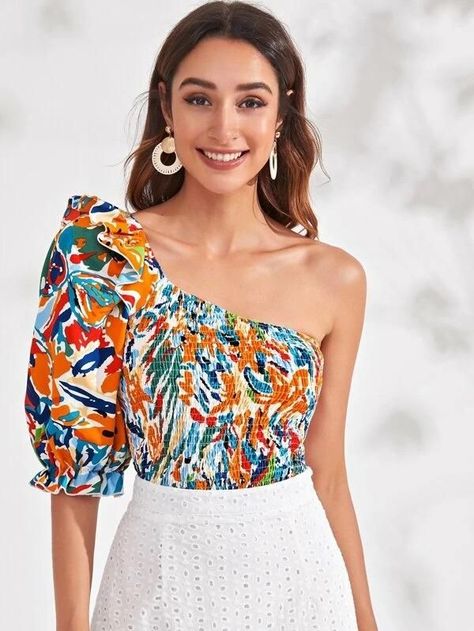 db957c626a8cd7a27231adfbf51e20ebdesc51741206ri Boho Color, Sleeve Placket, Print Crop Tops, Crop Top Blouse, One Shoulder Tops, Mode Streetwear, Beautiful Blouses, Style Boho, Half Sleeve