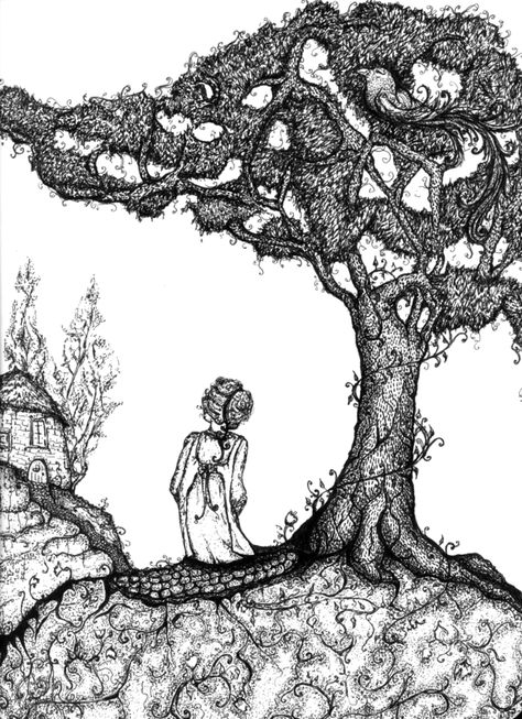 The Juniper Tree by ~FunnyLittleBirds on deviantART Fairy Tale Projects, The Juniper Tree, Tree Drawings, Fairytale Creatures, Tree Story, Tree Fairy, Juniper Tree, Black And White Girl, White Drawing