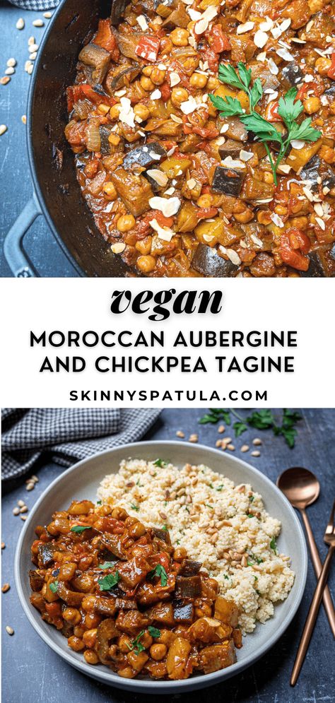 Moroccan Aubergine Recipes, Aubergine Tagine Recipe, Tajine Recipes Vegetarian, Vegetarian Aubergine Recipes, Healthy Moroccan Recipes, Moroccan Tagine Recipes Vegetarian, Middle Eastern Chickpea Recipes, Authentic Moroccan Recipes, Vegan Tagine Recipes