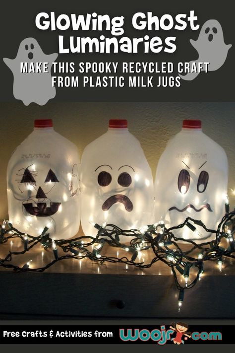 Recycled Craft: Glowing Ghosts from Plastic Milk Jugs Milk Jugs Christmas, Plastic Milk Bottles, Creative Art Projects, Classroom Halloween, Classroom Halloween Party, Decorate For Halloween, Recycled Crafts Kids, Sunflower Crafts, Halloween Craft Projects